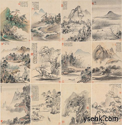 清 山水十二开,高仿复制画