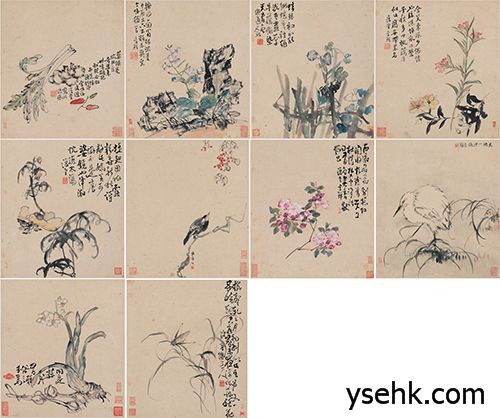 清 花卉十二开,高仿复制画